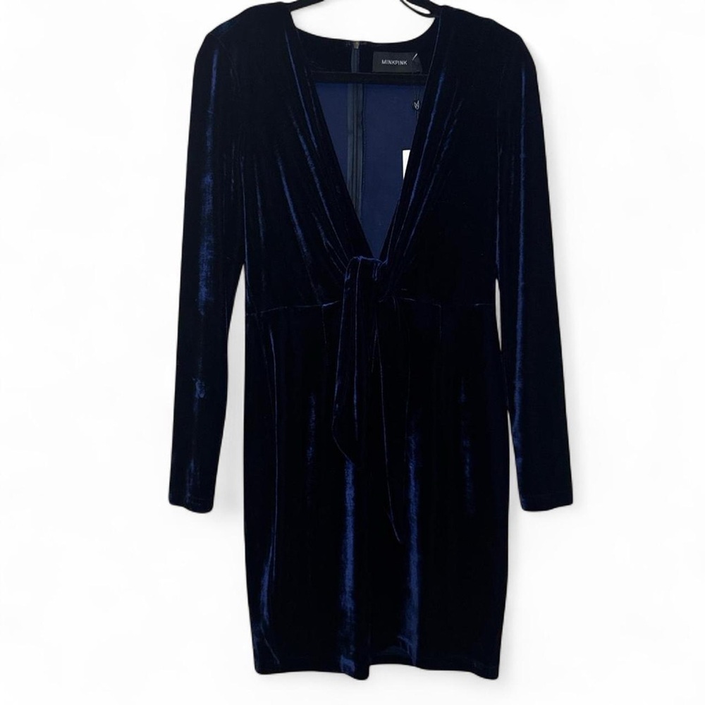 NWT MINKPINK Midnight Hour Blue Velvet Deep V Knotted Tie Bodycon Dress — SMALL - Picture 6 of 7